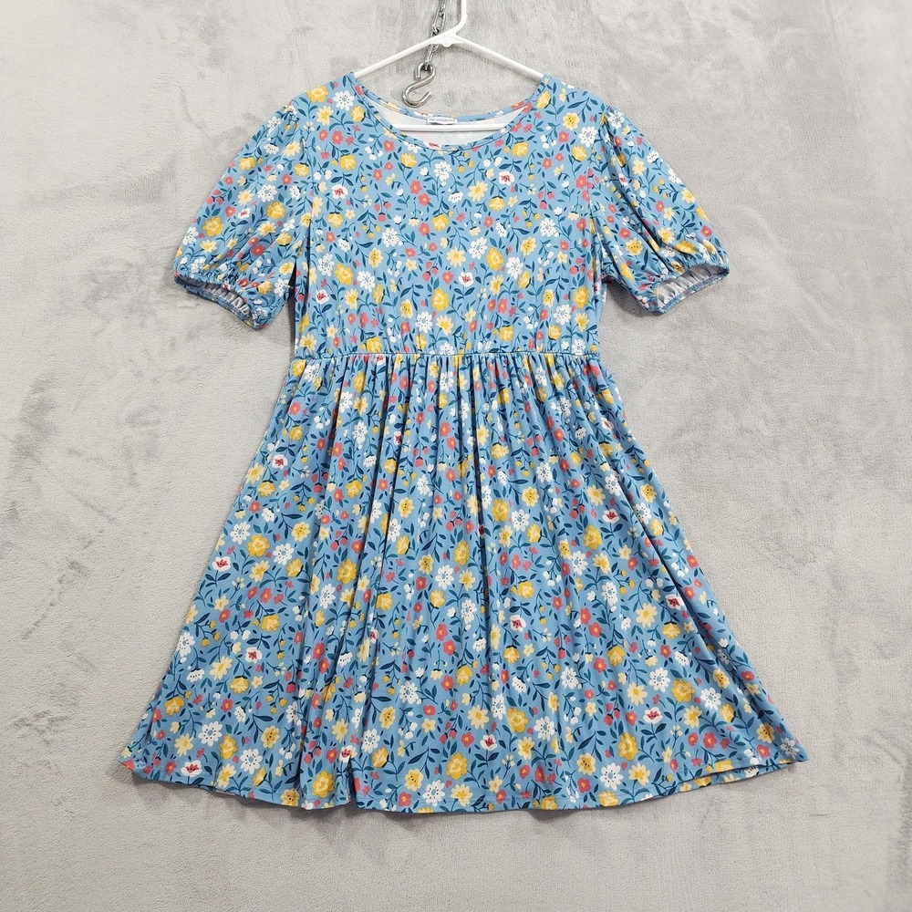 Egs California Dress Womens XL Blue Floral Puff Sleeve Babydoll Stretch Mini